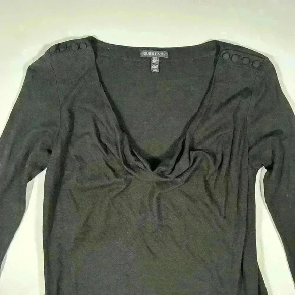EILEEN FISHER Black Cowl Neck Button Detail ¾ Sleeve Blouse Top Women Med - Picture 2 of 6